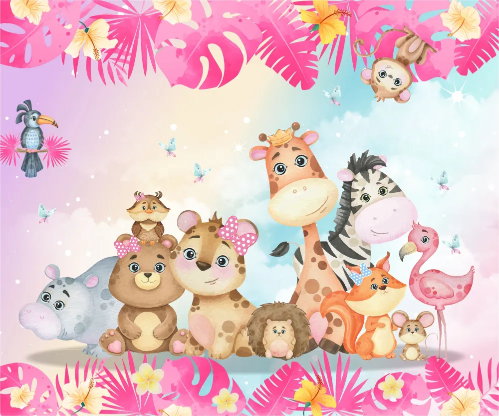 Papel de Parede Safari Rosa Tropical com Animais da Selva