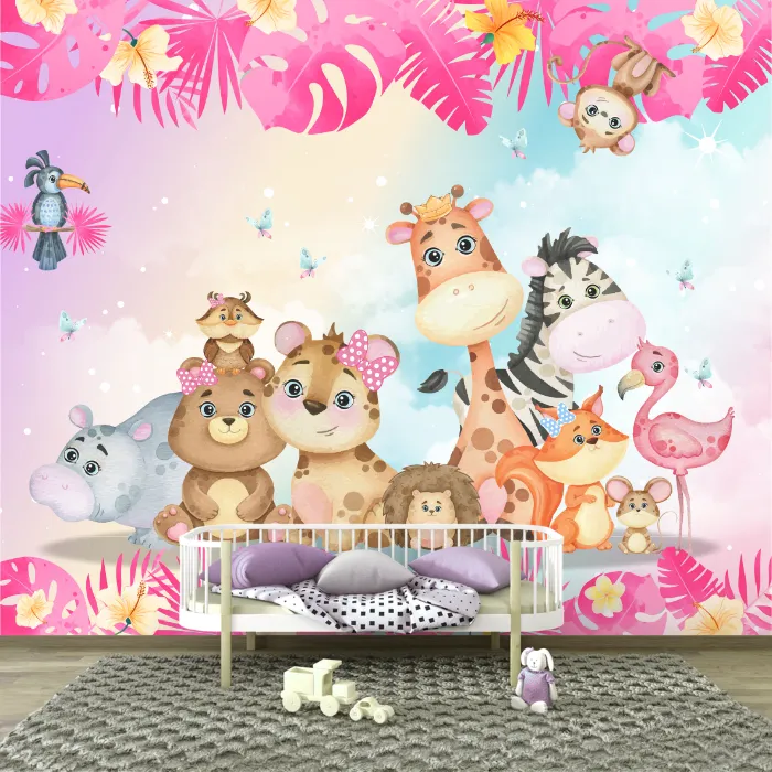 Papel de Parede Safari Rosa Tropical com Animais da Selva