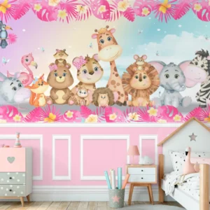 Papel de Parede Safari Rosa Tropical Feminino para Quarto Infantil - Imagem 3