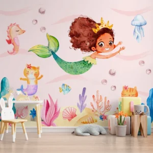 Papel de Parede Sereia Infantil Aquarela para Quarto de Menina com Fundo do Mar - Imagem 3