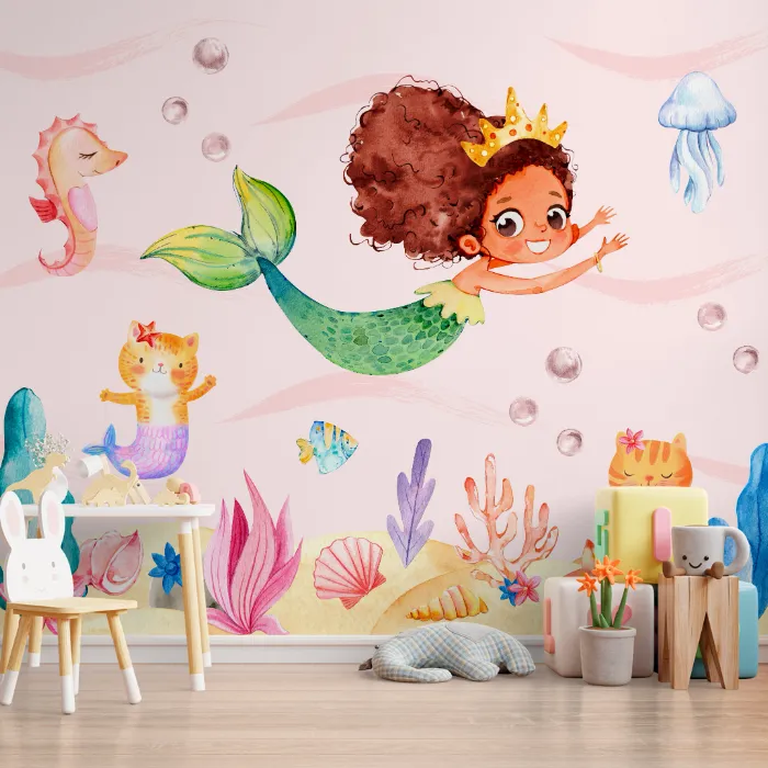 Papel de Parede Sereia Infantil Aquarela para Quarto de Menina com Fundo do Mar