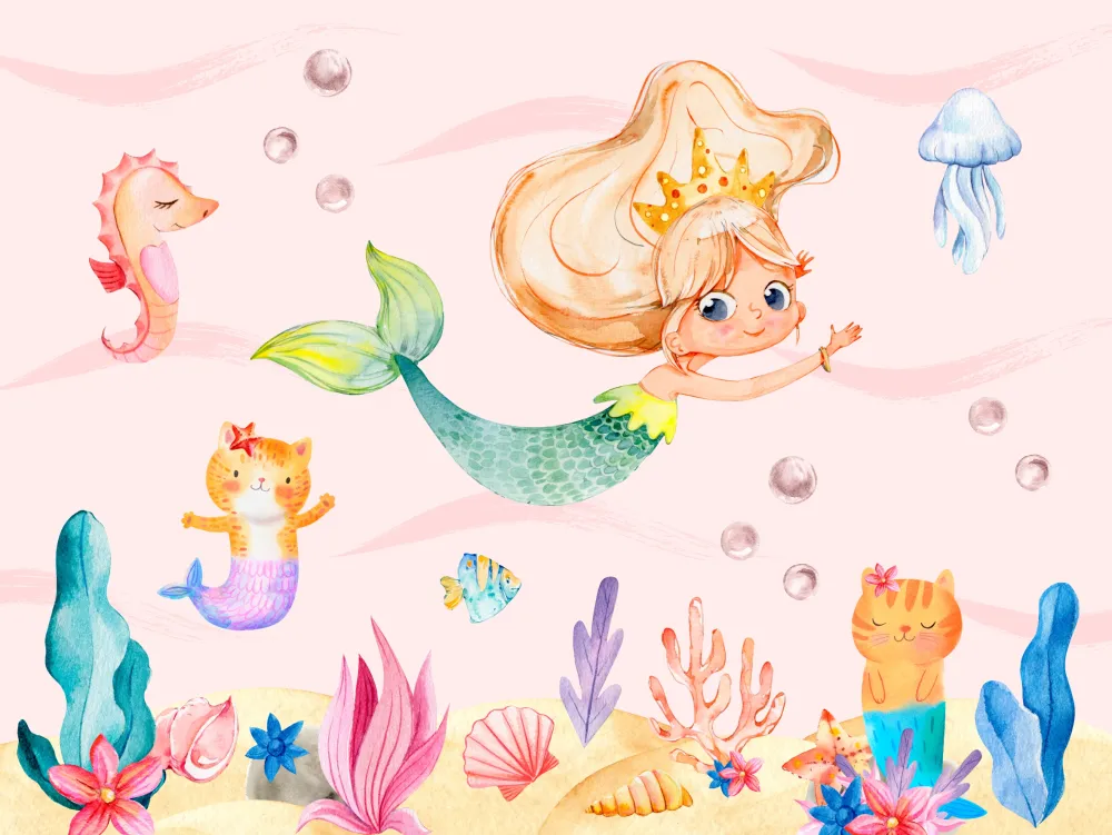 Papel de Parede Sereia Infantil Aquarela com Fundo do Mar Encantado