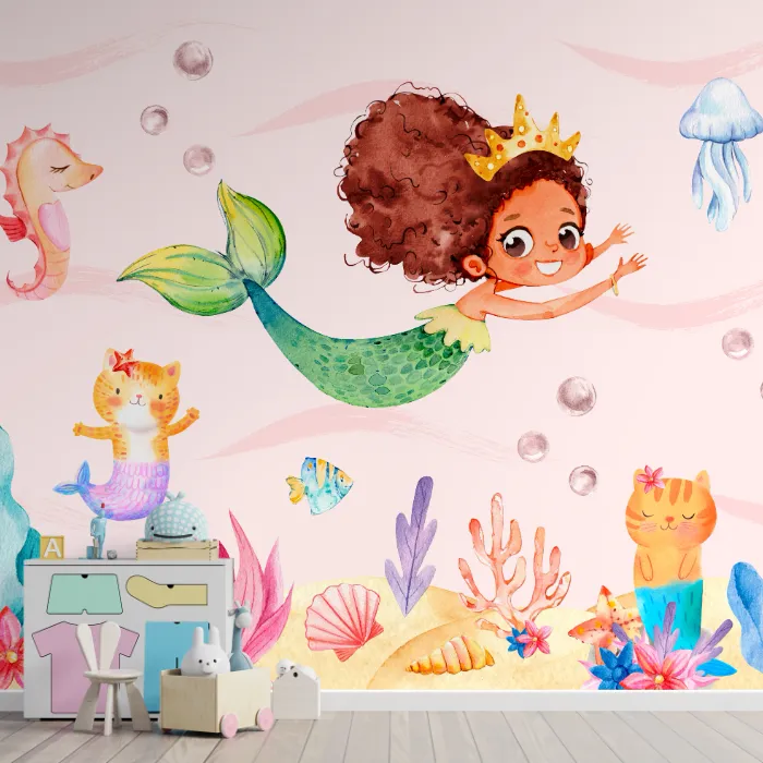 Papel de Parede Sereia Infantil Aquarela para Quarto de Menina com Fundo do Mar