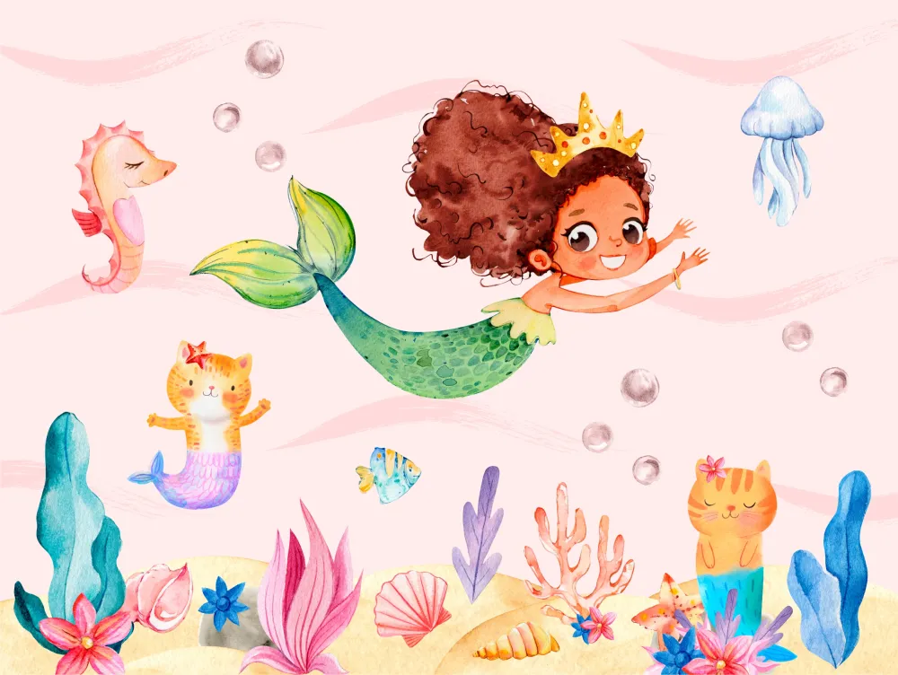 Papel de Parede Sereia Infantil Aquarela para Quarto de Menina com Fundo do Mar