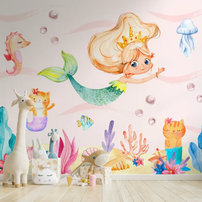 Papel de Parede Sereia Infantil Aquarela com Fundo do Mar Encantado