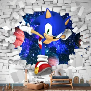 Papel de Parede Sonic 3D no Espaço com Parede Quebrada Infantil - Imagem 3