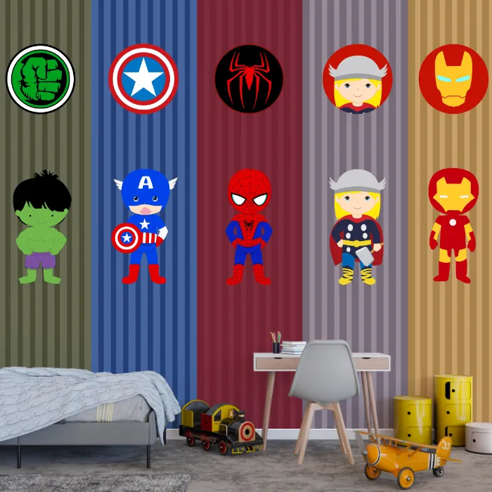 Papel de Parede Super-Heróis Infantil com Personagens Estilo Baby para Quarto de Menino