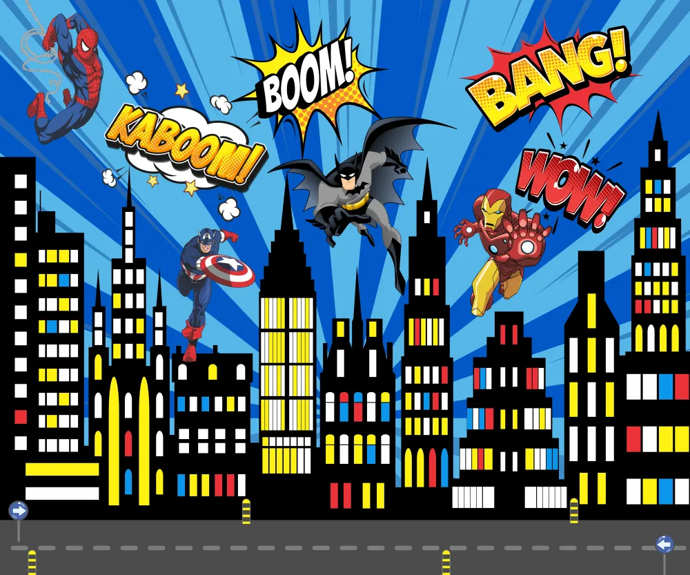 Papel de Parede Super Heróis na Cidade com Batman, Homem de Ferro e Capitão América