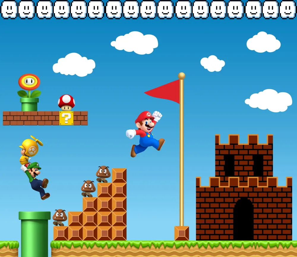 Papel de Parede Super Mario Bros Clássico com Castelo e Bandeira Final