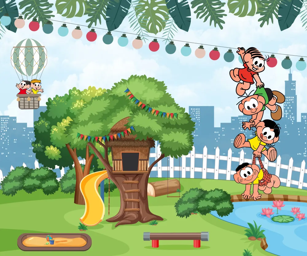 Papel de Parede Turma Infantil no Parque com Casinha na Árvore e Lago Encantado