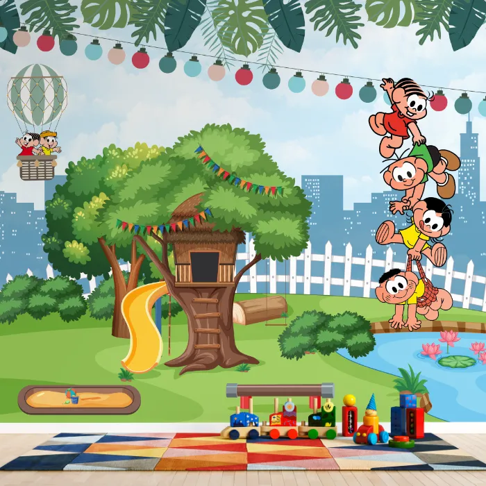 Papel de Parede Turma Infantil no Parque com Casinha na Árvore e Lago Encantado