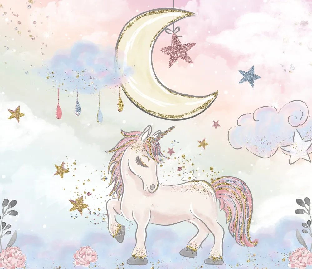 Papel de Parede Unicórnio Encantado com Lua e Estrelas para Quarto Infantil