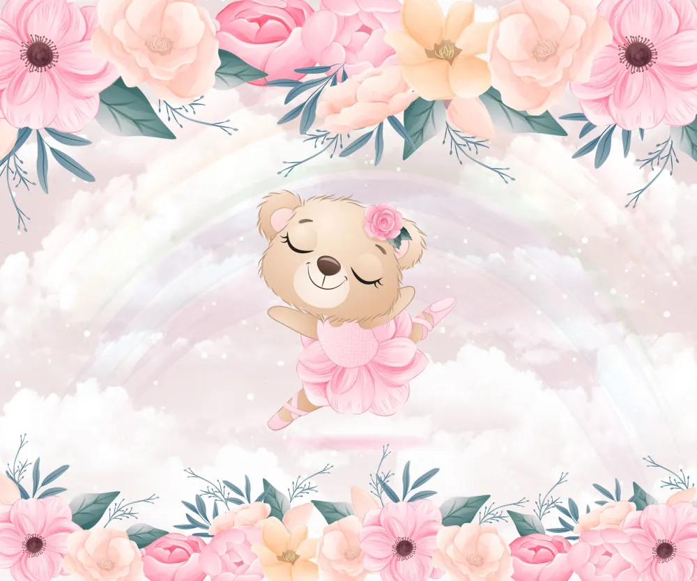 Papel de Parede Ursinha Bailarina com Flores e Arco-Íris