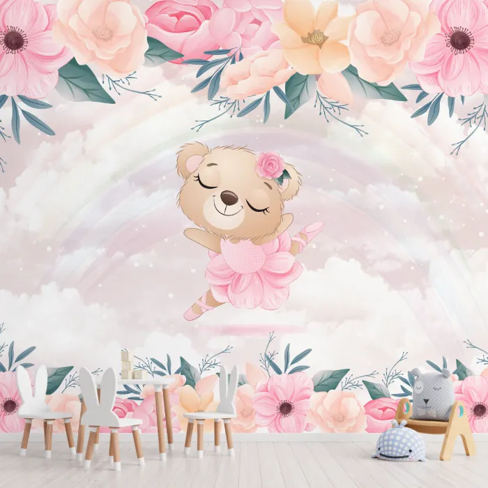 Papel de Parede Ursinha Bailarina com Flores e Arco-Íris