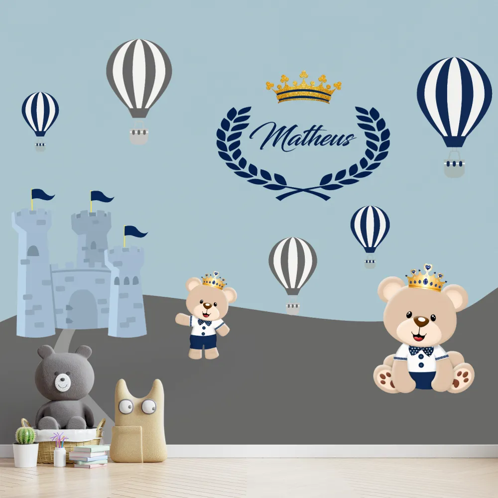 Papel de Parede Ursinho Príncipe com Castelo e Balões para Quarto de Bebê