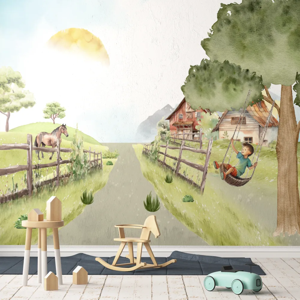 Papel de Parede Infantil Vida no Campo com Fazenda e Cavalo