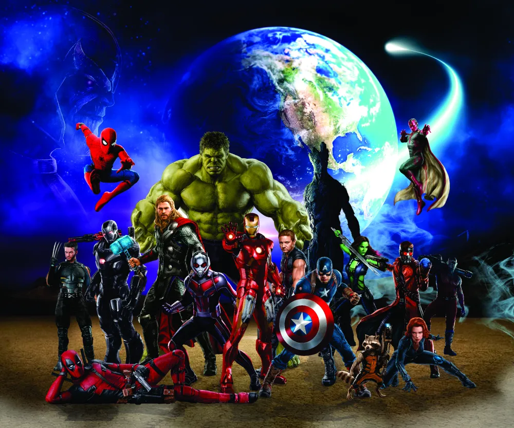 Papel de Parede Vingadores Infantil com Heróis Marvel e Planeta Terra ao Fundo