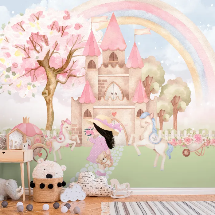 Papel de Parede Castelo Encantado Infantil com Princesa e Unicórnios