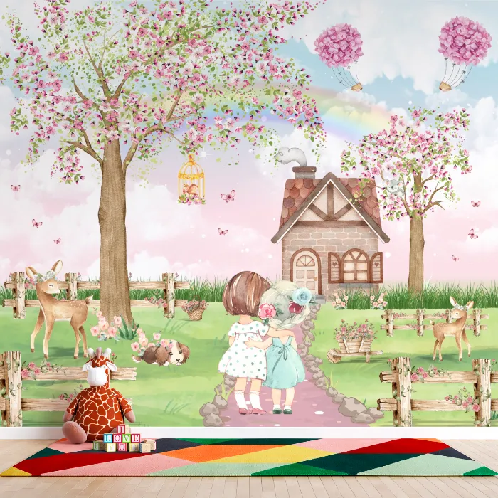Papel de Parede Jardim Mágico das Amigas com Casa Encantada e Balões Florais