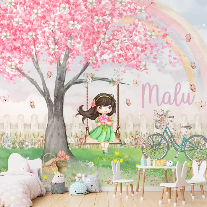 Papel de Parede Menina no Balanço Floral com Árvore Rosa e Arco-Íris