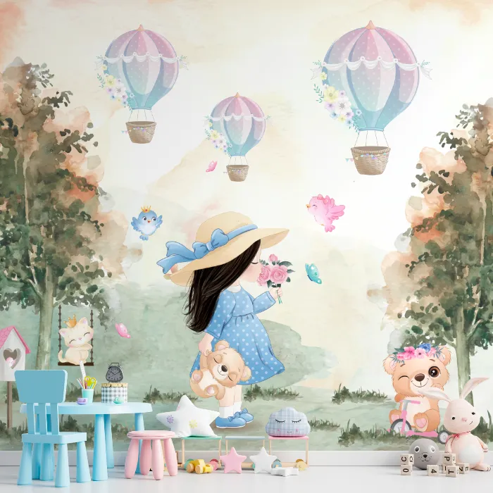 Papel de Parede Menina no Jardim Encantado com Balões Aquarelados Infantil