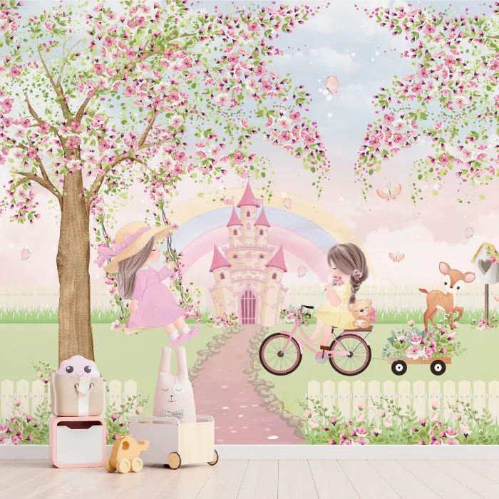 Papel de Parede Meninas no Jardim Mágico com Castelo Encantado e Flores