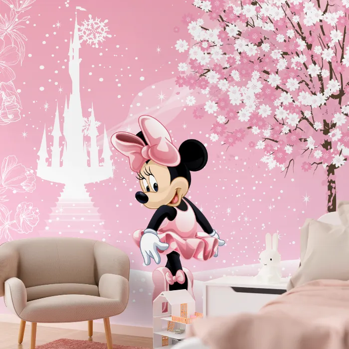 Papel de Parede Minnie Rosa Encantada com Castelo dos Sonhos e Cerejeira