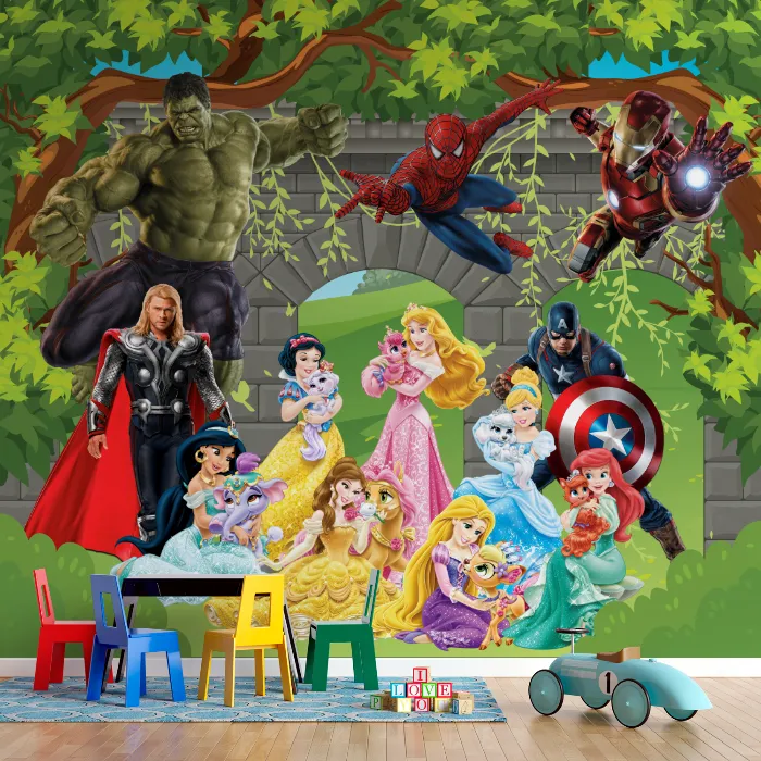 Papel de Parede Princesas Disney no Jardim Encantado com Castelo Mágico