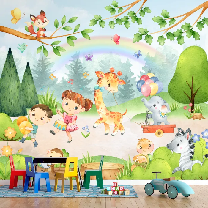 Papel de Parede Safari Infantil Encantado com Animais e Crianças Aquareladas