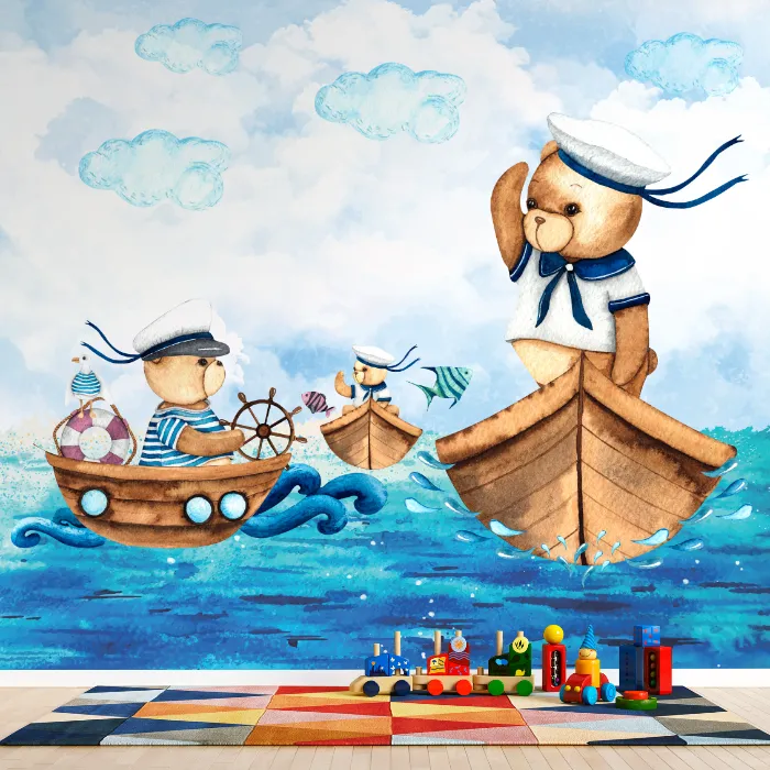 Papel de Parede Ursinhos Marinheiros no Oceano Encantado Infantil