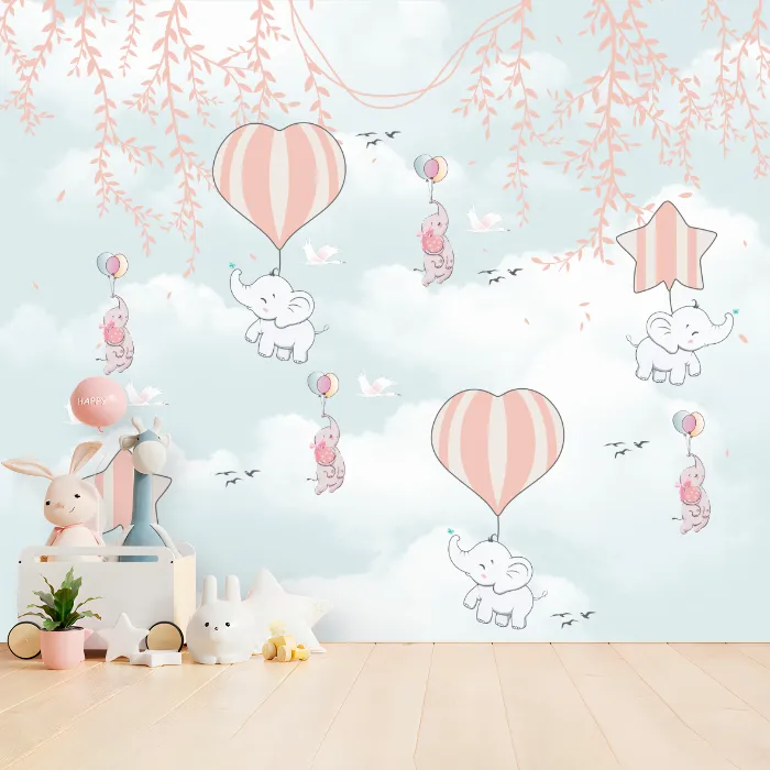 Papel de Parede Elefantinhos Baloeiros com Balões Coração e Nuvens para Quarto de Bebê