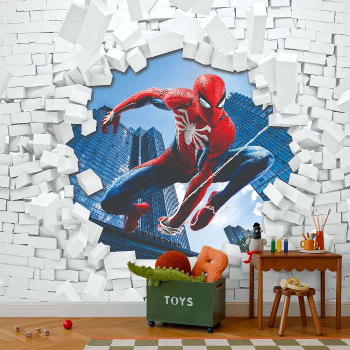 Papel de Parede Homem-Aranha 3D Quebrando a Parede Infantil