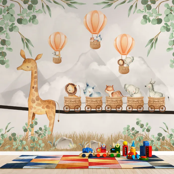 Papel de Parede Safari Baby com Trem dos Animais e Balões Encantados