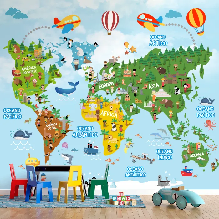 Papel de Parede Mapa Múndi Infantil Educativo com Continentes e Animais do Mundo