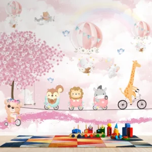 Papel de Parede Safari Menina Baloeiro com Animais Encantados e Balões Rosa - Imagem 3