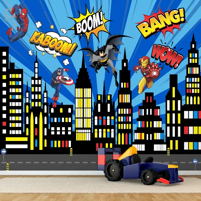 Papel de Parede Super Heróis na Cidade com Batman, Homem de Ferro e Capitão América