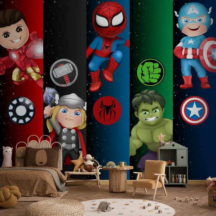 Papel de Parede Super Heróis Baby com Homem de Ferro, Hulk, Thor e Capitão América