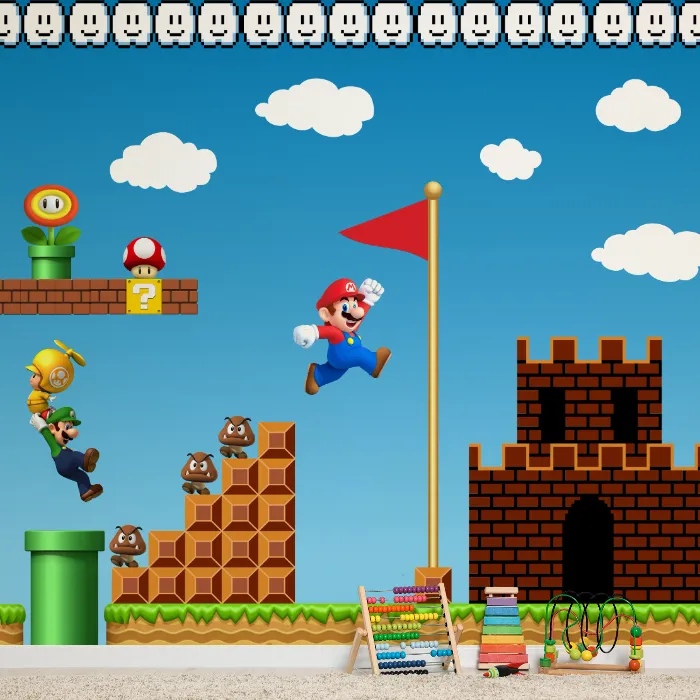 Papel de Parede Super Mario Bros Clássico com Castelo e Bandeira Final