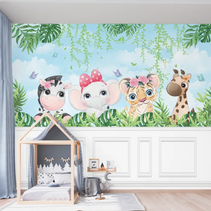 Papel de Parede Safari Baby Menina com Animais da Selva