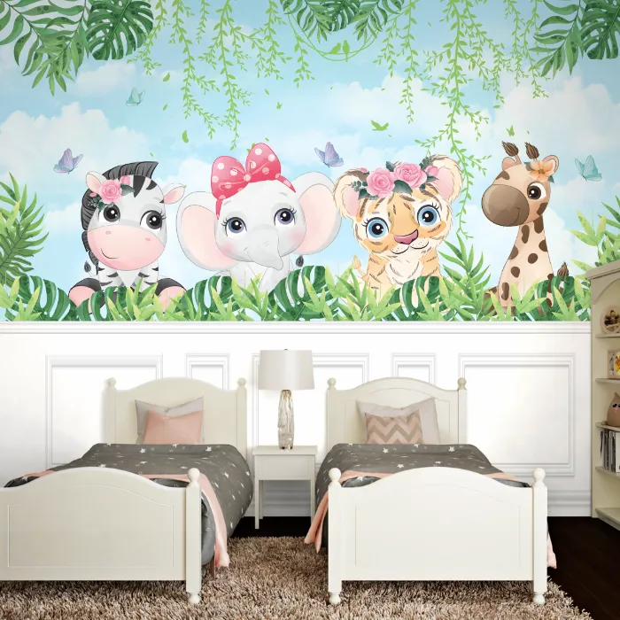 Papel de Parede Safari Baby Menina com Animais da Selva
