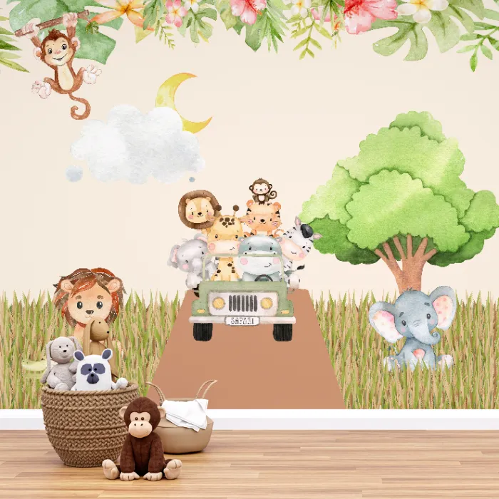 Papel de Parede Safari Baby com Animais no Jipe
