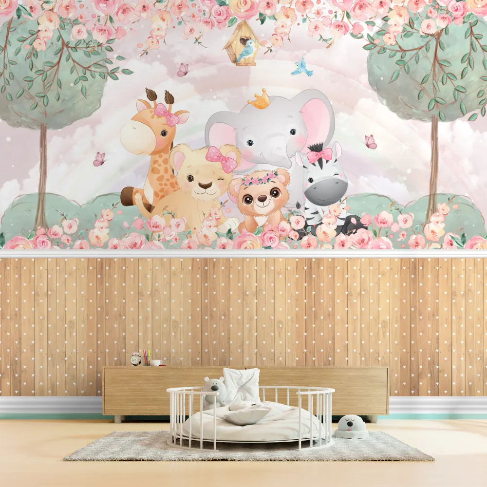 Papel de Parede Safari Menina Floral com Animais da Selva