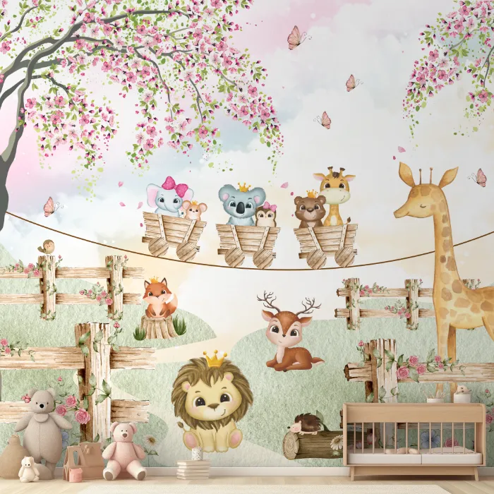 Papel de Parede Safari Menina Floral com Animais Encantados