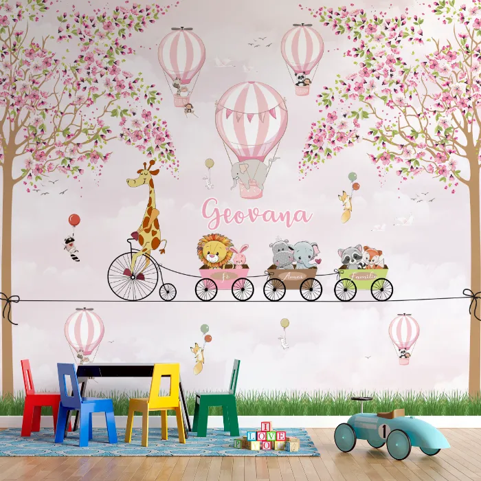 Papel de Parede Safari Menina Personalizado com Nome e Animais