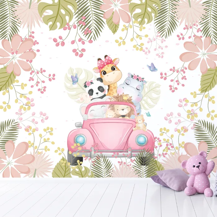 Papel de Parede Safari Rosa com Animais no Carro Vintage