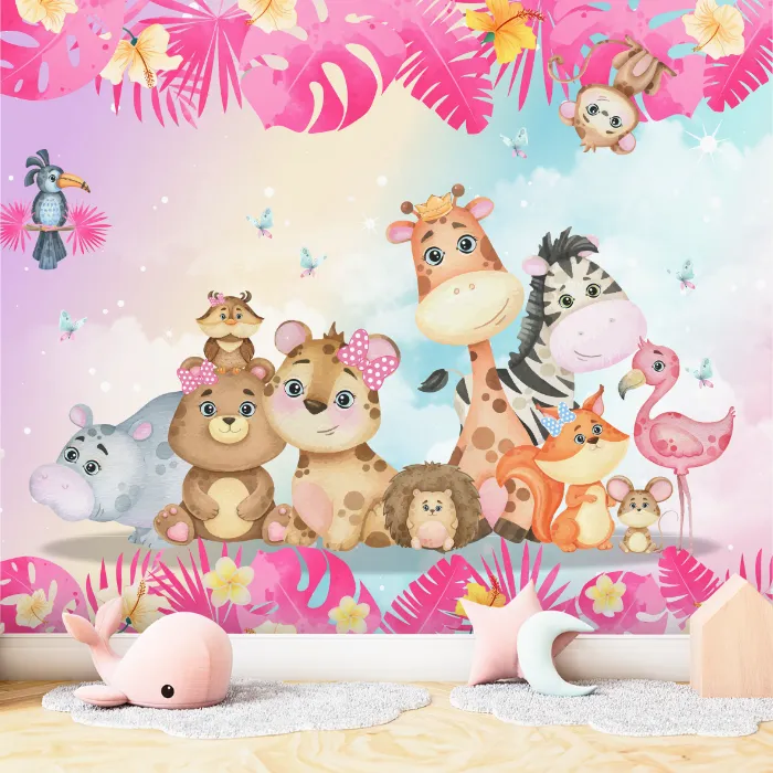 Papel de Parede Safari Rosa Tropical com Animais da Selva
