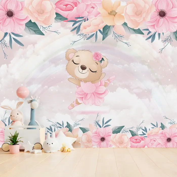 Papel de Parede Ursinha Bailarina com Flores e Arco-Íris