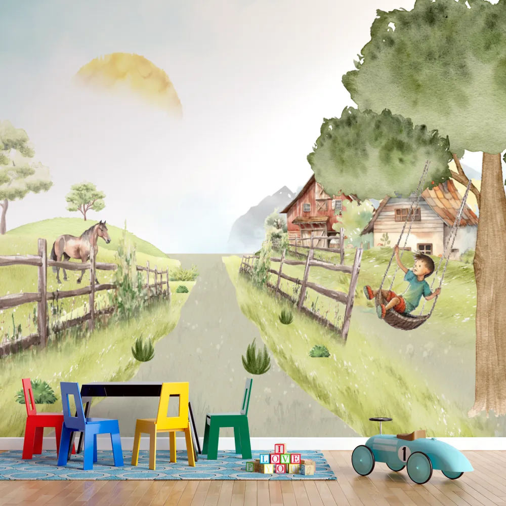 Papel de Parede Infantil Vida no Campo com Fazenda e Cavalo