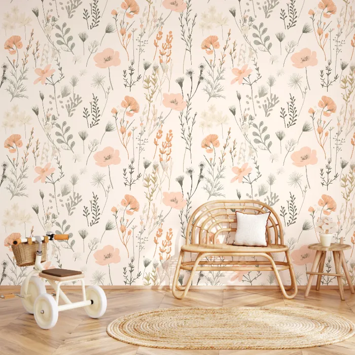 Papel de Parede Floral Delicado com Flores Silvestres em Tons Nude e Rosé
