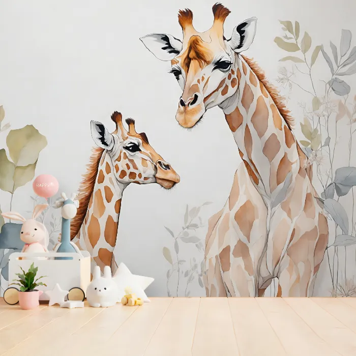 Papel de Parede Girafa Infantil Aquarela para Quarto de Bebê com Tema Safari Delicado